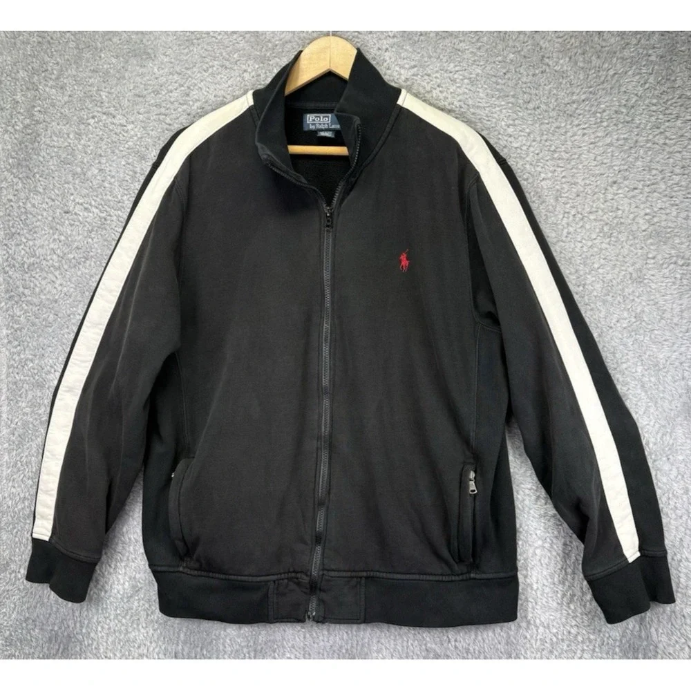 VTG 90s Polo Ralph Lauren Mens XL Track Jacket Black White Stripe Full Zip